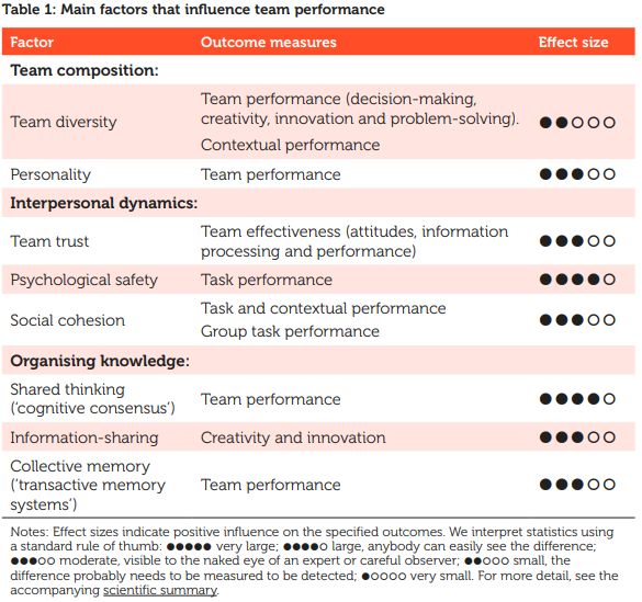 Table: Main factors that influence team performance.